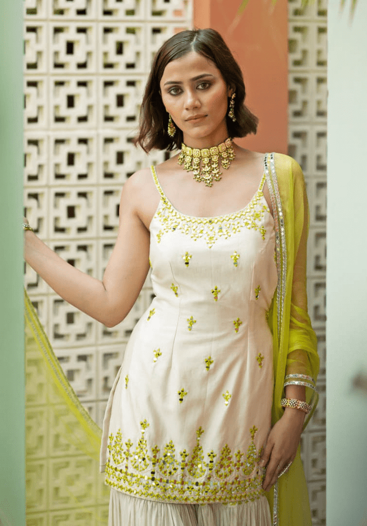 Lime Green and Ivory Chanderi Kurta Sharara Set Esha Koul - Fabilicious Fashion