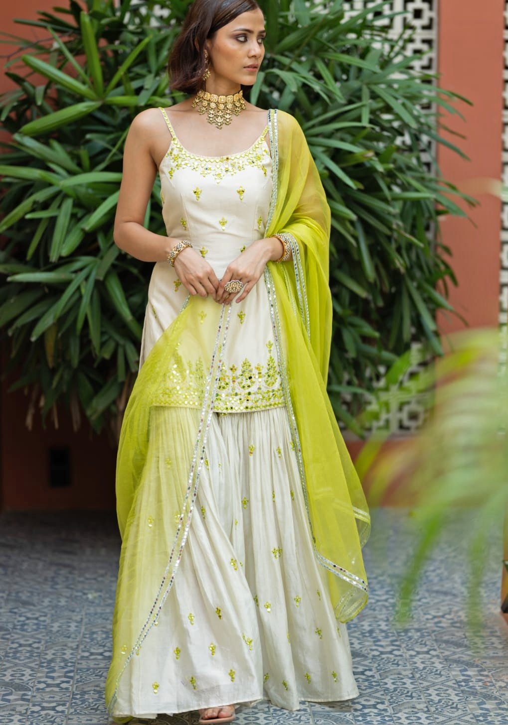 Lime green and ivory chanderi kurta sharara set for weddings UK by Esha Koul