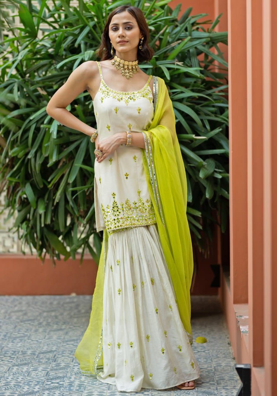 Lime Green and Ivory Chanderi Kurta Sharara Set Esha Koul - Fabilicious Fashion
