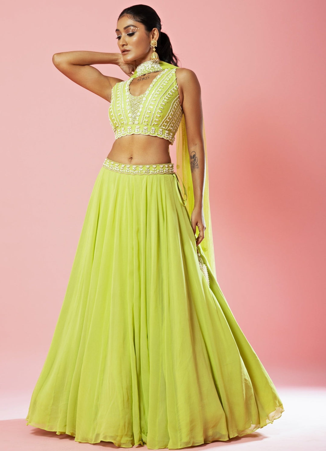 Lime Green Embroidered Lehenga With Choker Style Dupatta QAT By Agni - Fabilicious Fashion