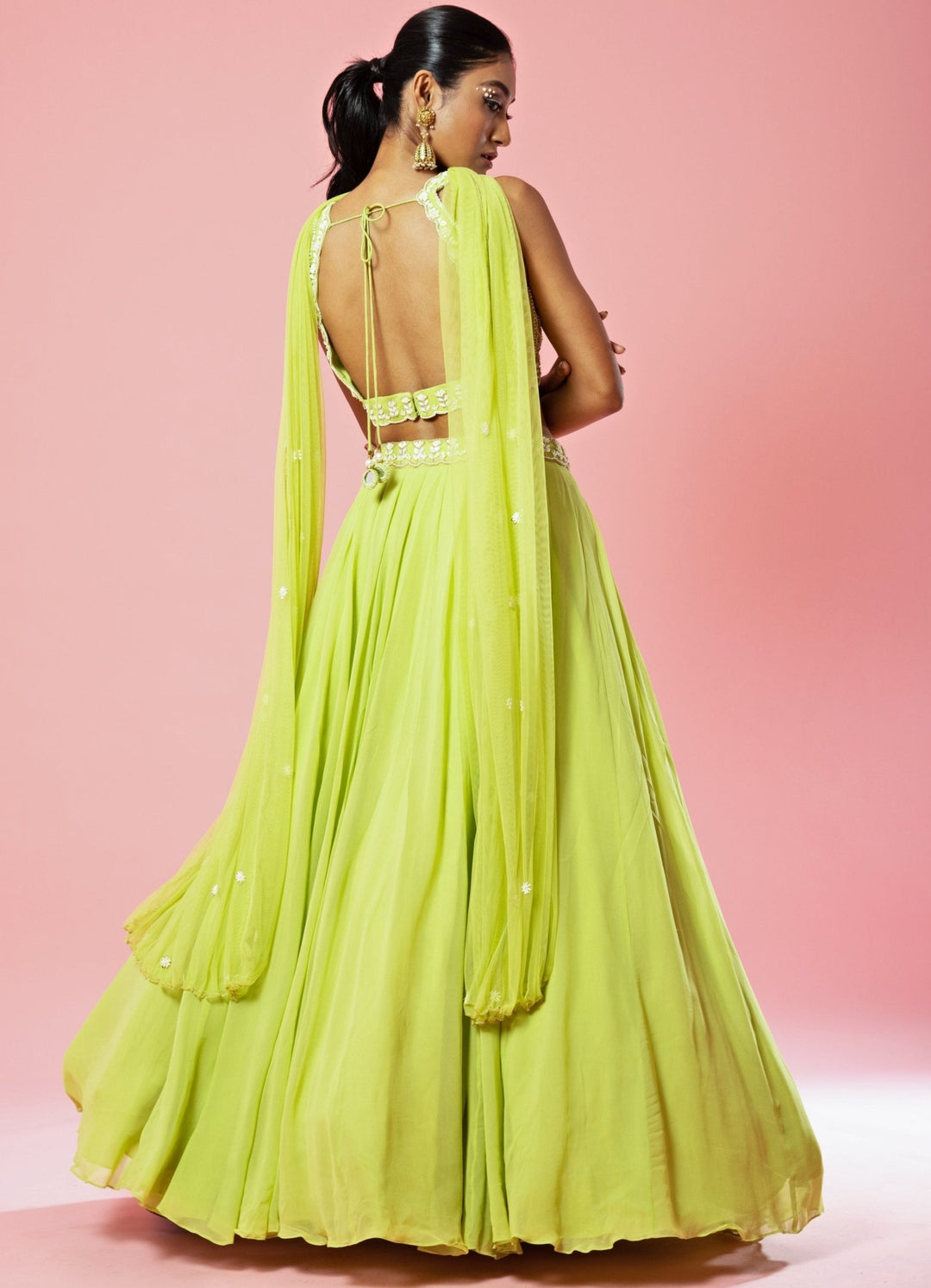 Lime Green Embroidered Lehenga With Choker Style Dupatta QAT By Agni - Fabilicious Fashion