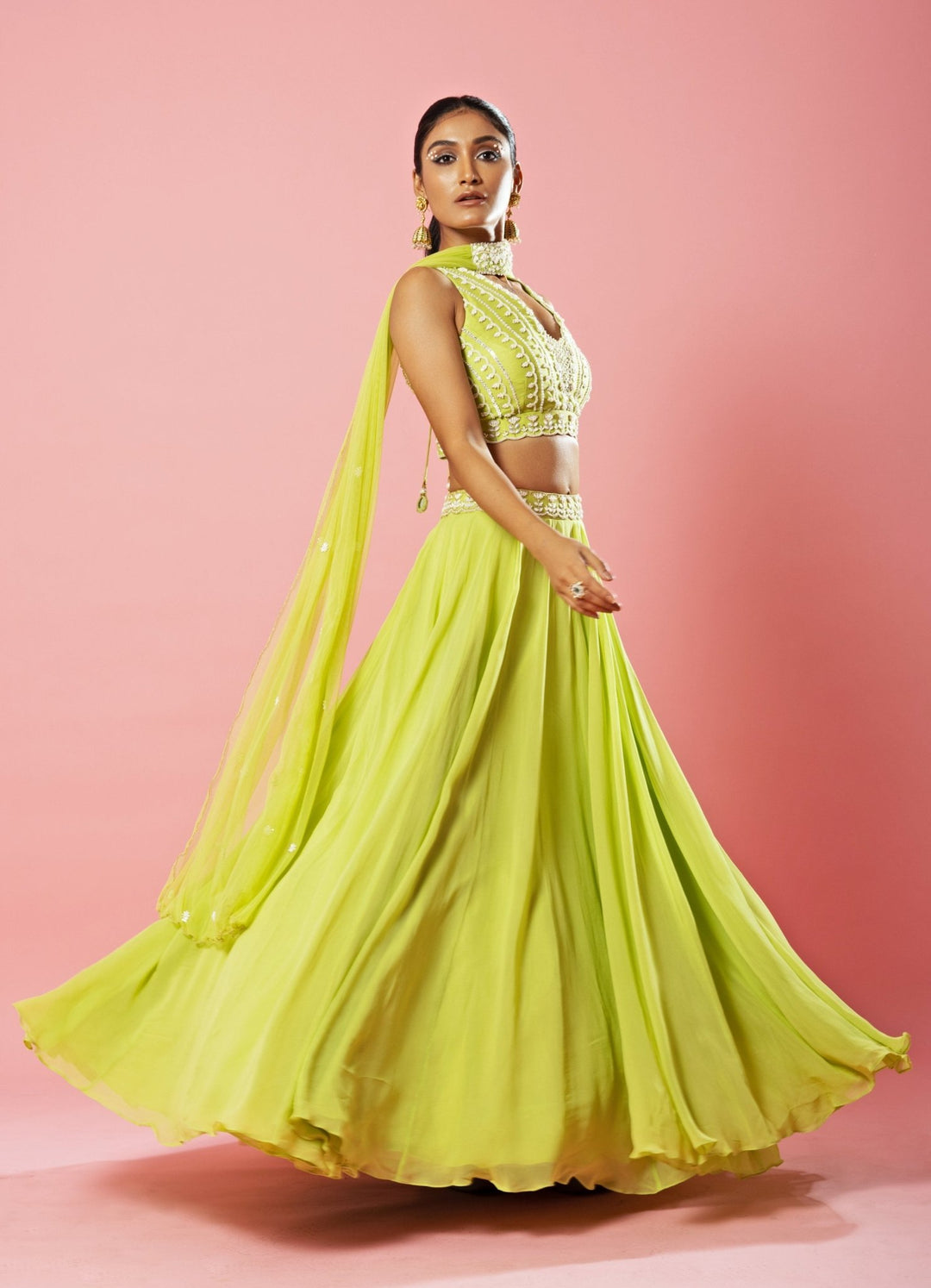 Lime Green Embroidered Lehenga With Choker Style Dupatta QAT By Agni - Fabilicious Fashion