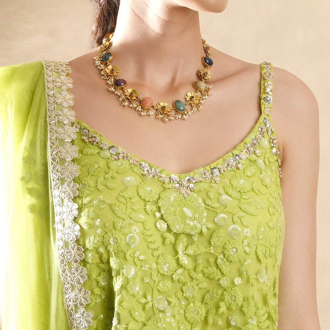 Lime Green Georgette Kurta Sharara Set Renee - Fabilicious Fashion