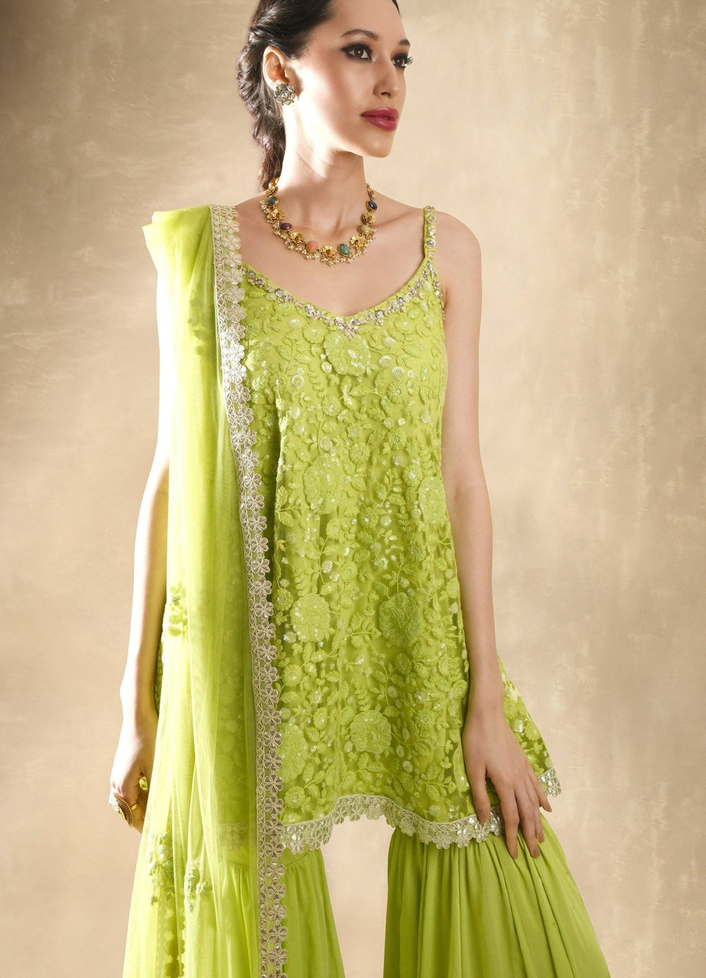 Lime Green Georgette Kurta Sharara Set Renee - Fabilicious Fashion