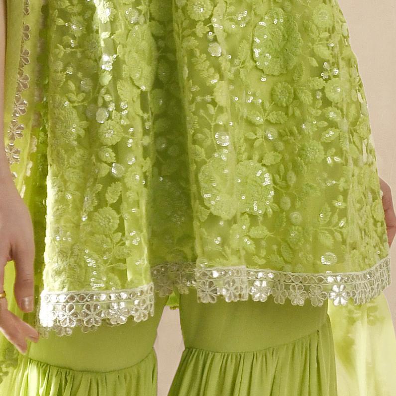 Lime Green Georgette Kurta Sharara Set Renee - Fabilicious Fashion