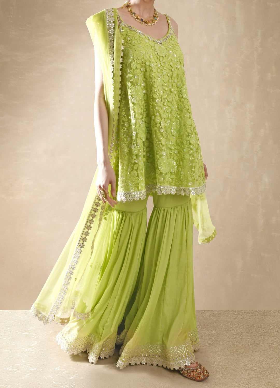 Lime Green Georgette Kurta Sharara Set Renee - Fabilicious Fashion