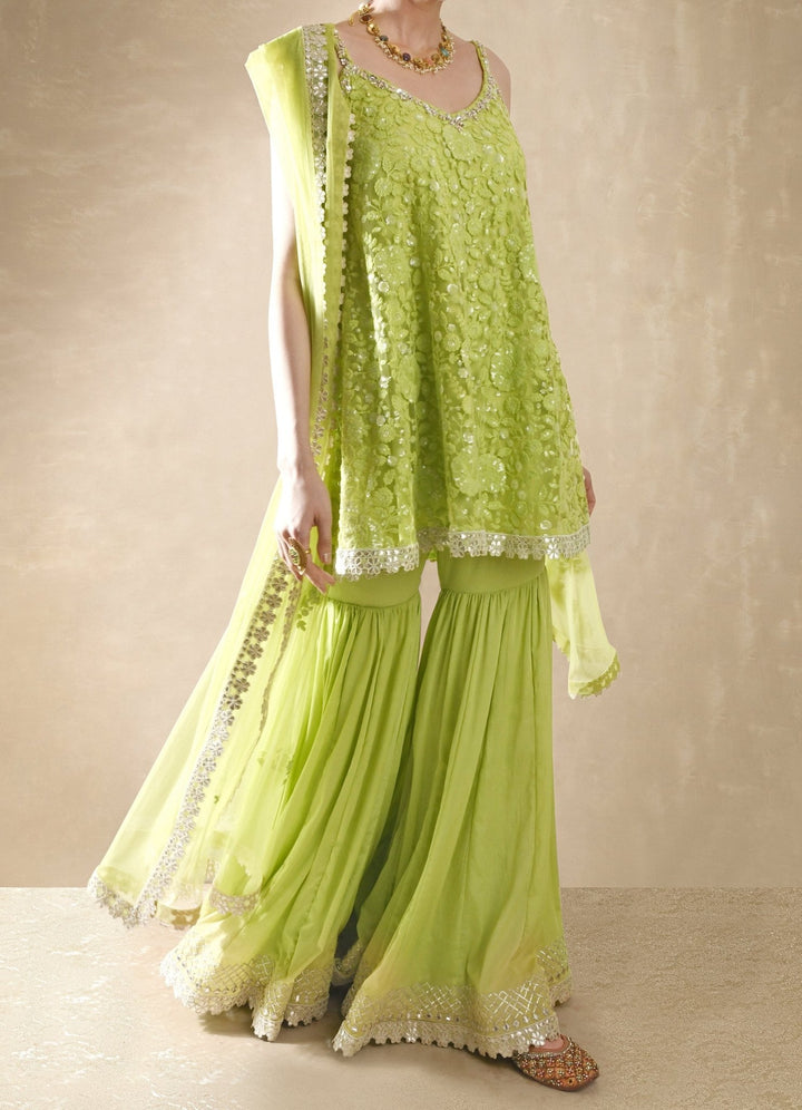 Lime Green Georgette Kurta Sharara Set Renee - Fabilicious Fashion