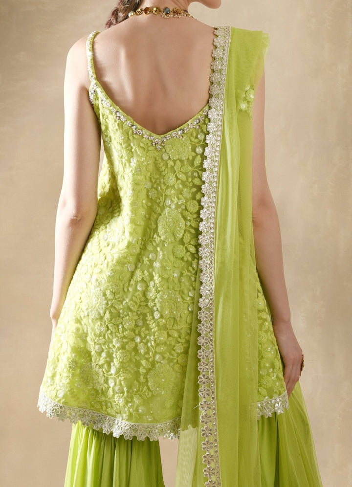 Lime Green Georgette Kurta Sharara Set Renee - Fabilicious Fashion