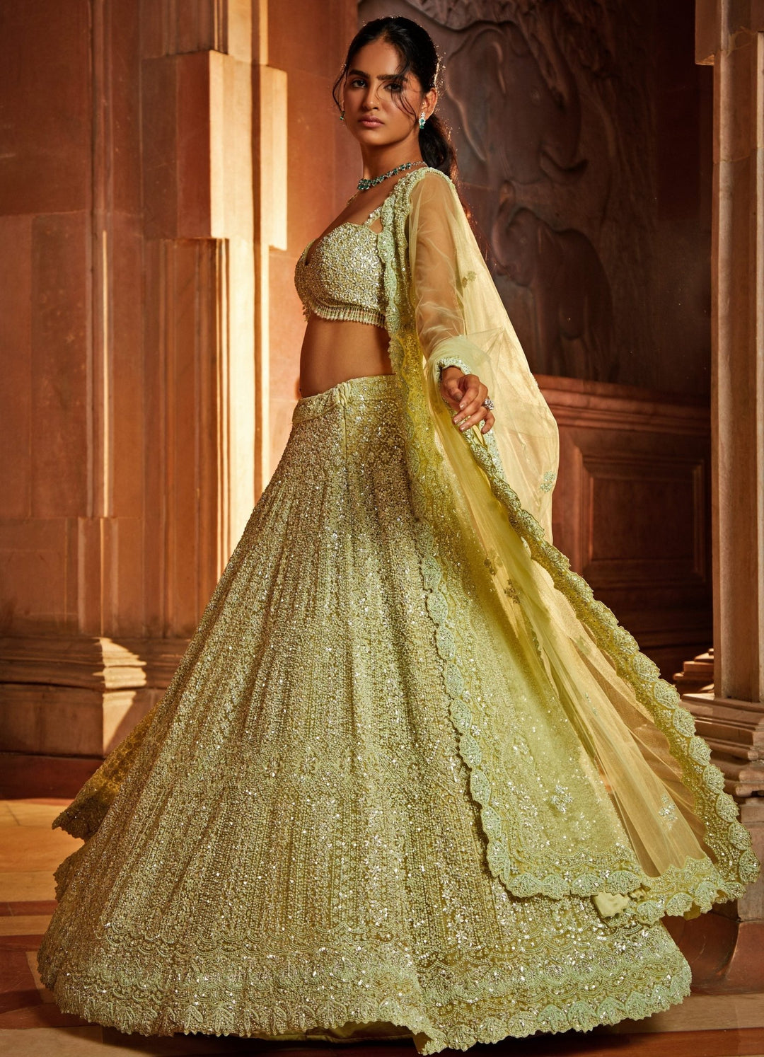 Lime Green Hued Sequinned and Crystal Lehenga Set Nitika Gujral - Fabilicious Fashion