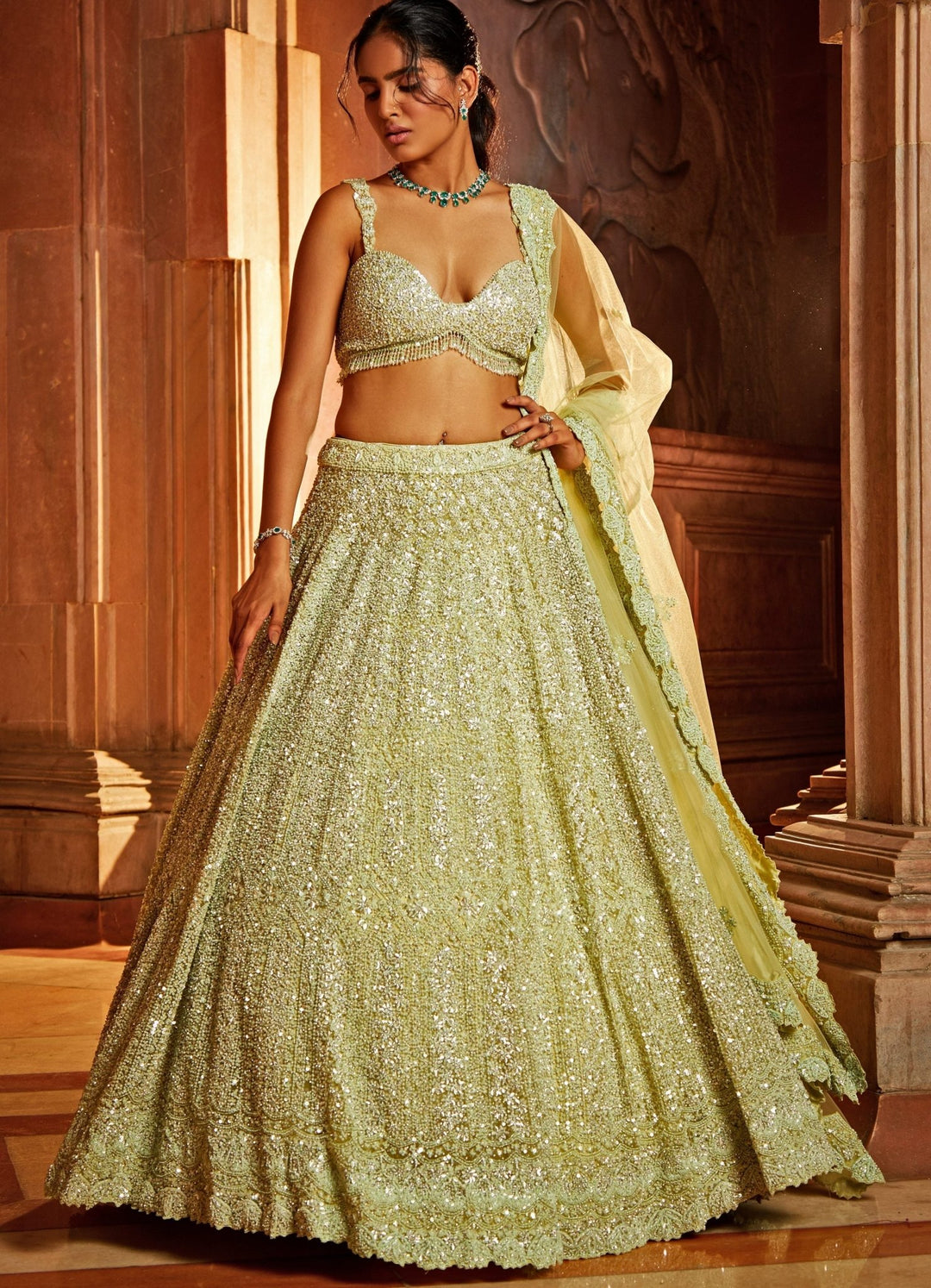 Lime Green Hued Sequinned and Crystal Lehenga Set Nitika Gujral - Fabilicious Fashion