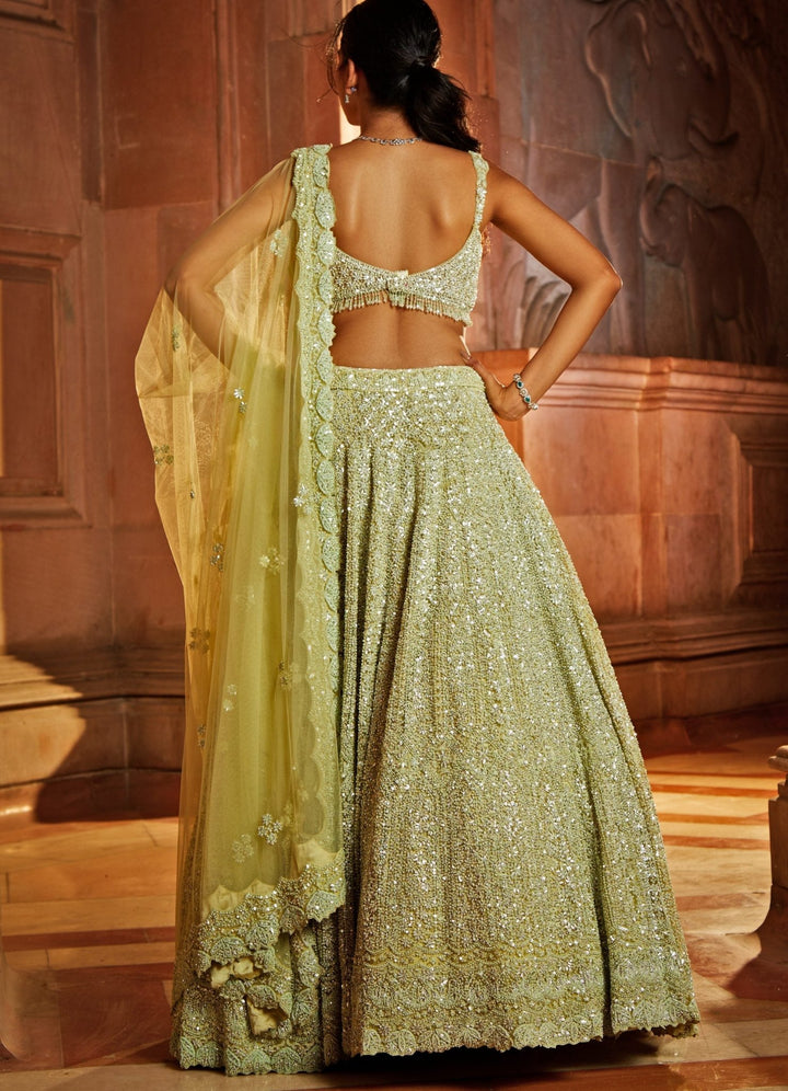 Lime Green Hued Sequinned and Crystal Lehenga Set Nitika Gujral - Fabilicious Fashion