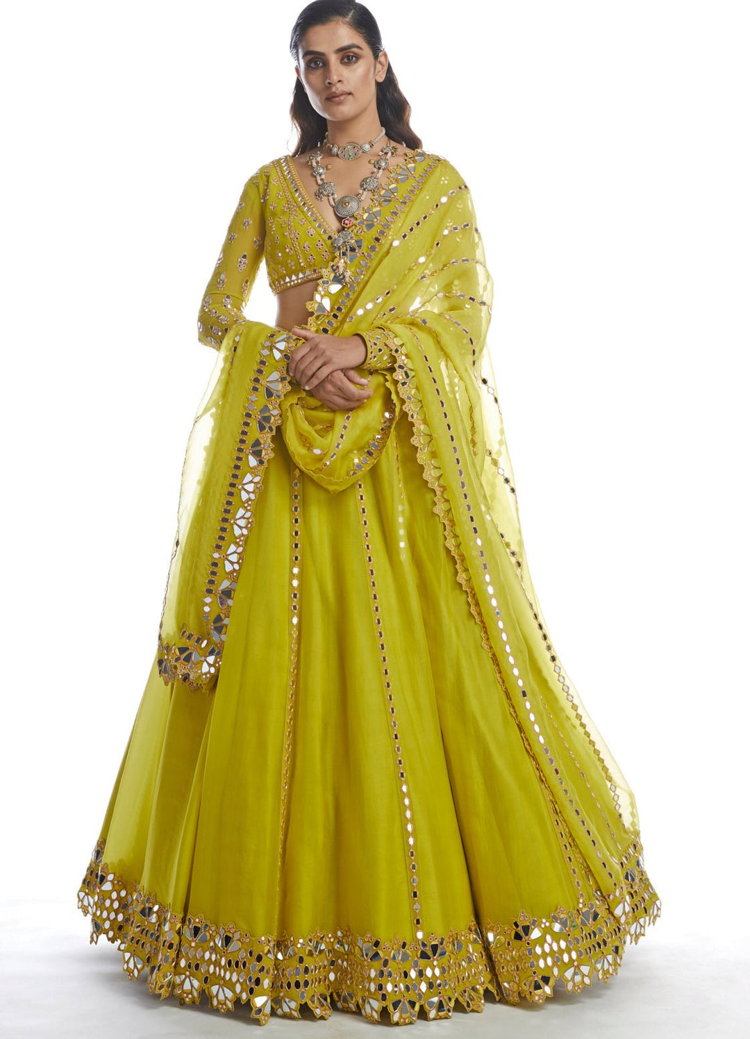 Lime Green Mirror Lehenga Set Vvani by Vani Vats - Fabilicious Fashion