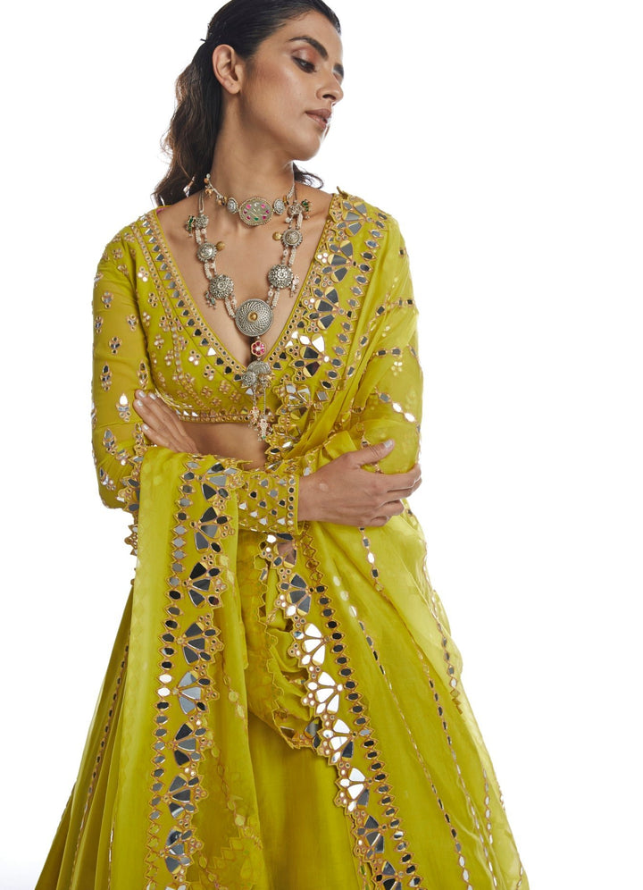 Lime Green Mirror Lehenga Set Vvani by Vani Vats - Fabilicious Fashion
