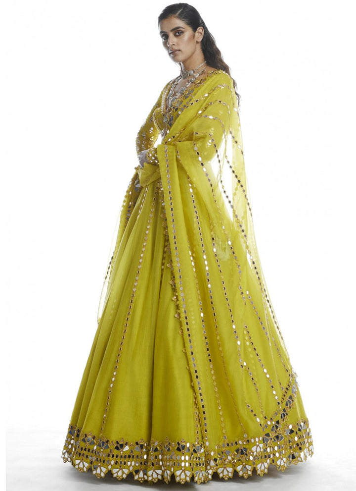 Lime Green Mirror Lehenga Set Vvani by Vani Vats - Fabilicious Fashion