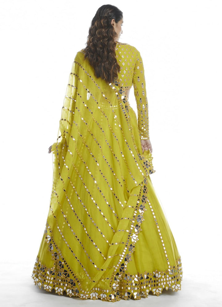 Lime Green Mirror Lehenga Set Vvani by Vani Vats - Fabilicious Fashion