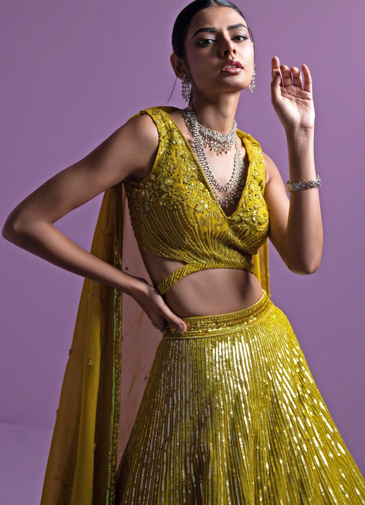 Lime Green Sequence And Stone Embroidered Lehenga Set Parul Gandhi - Fabilicious Fashion