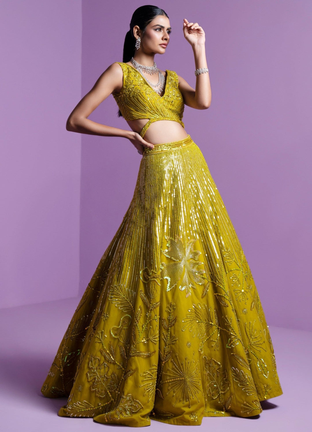 Lime Green Sequence And Stone Embroidered Lehenga Set Parul Gandhi - Fabilicious Fashion