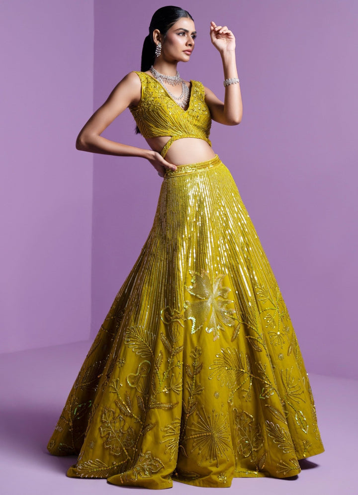 Lime Green Sequence And Stone Embroidered Lehenga Set Parul Gandhi - Fabilicious Fashion
