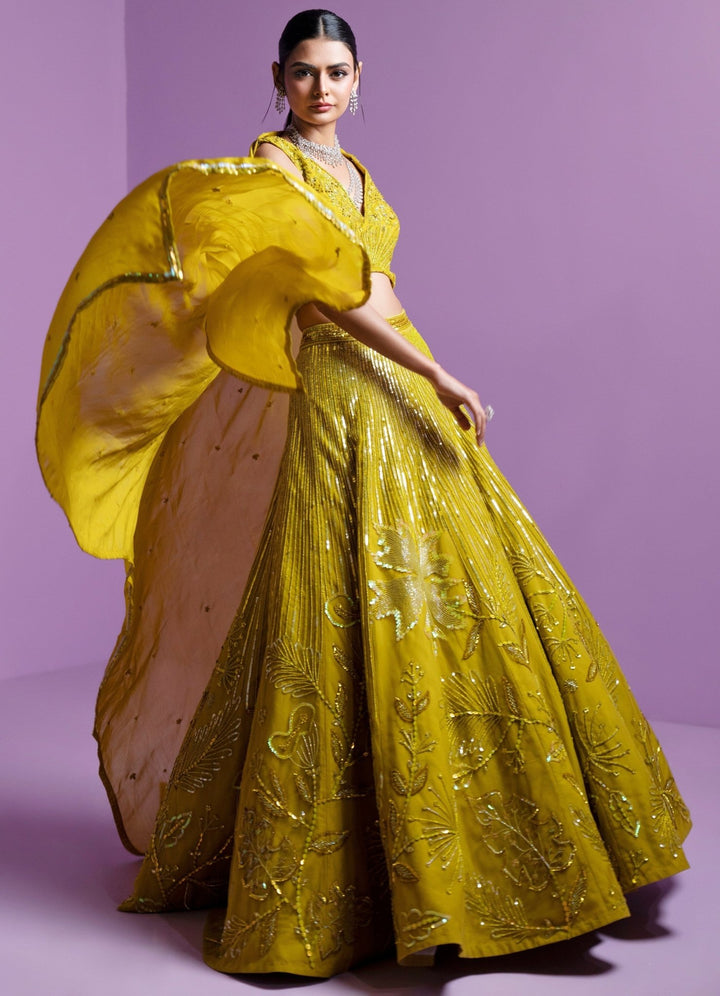 Lime Green Sequence And Stone Embroidered Lehenga Set Parul Gandhi - Fabilicious Fashion