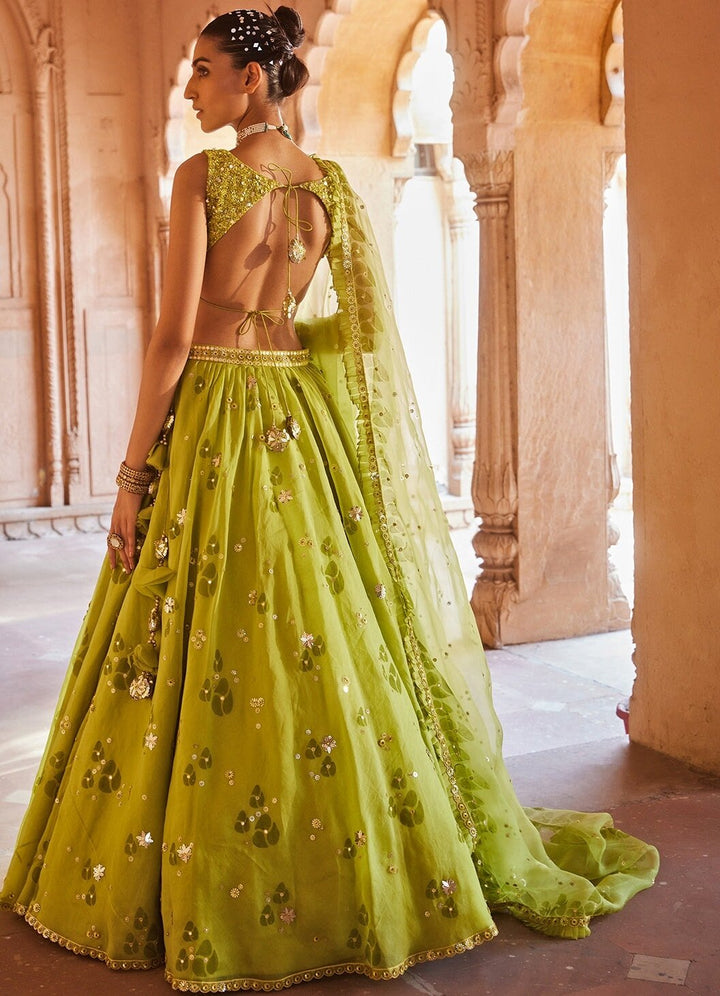 Lime Green Sequinned Organza Lehenga Set With Dupatta Prevasu - Fabilicious Fashion