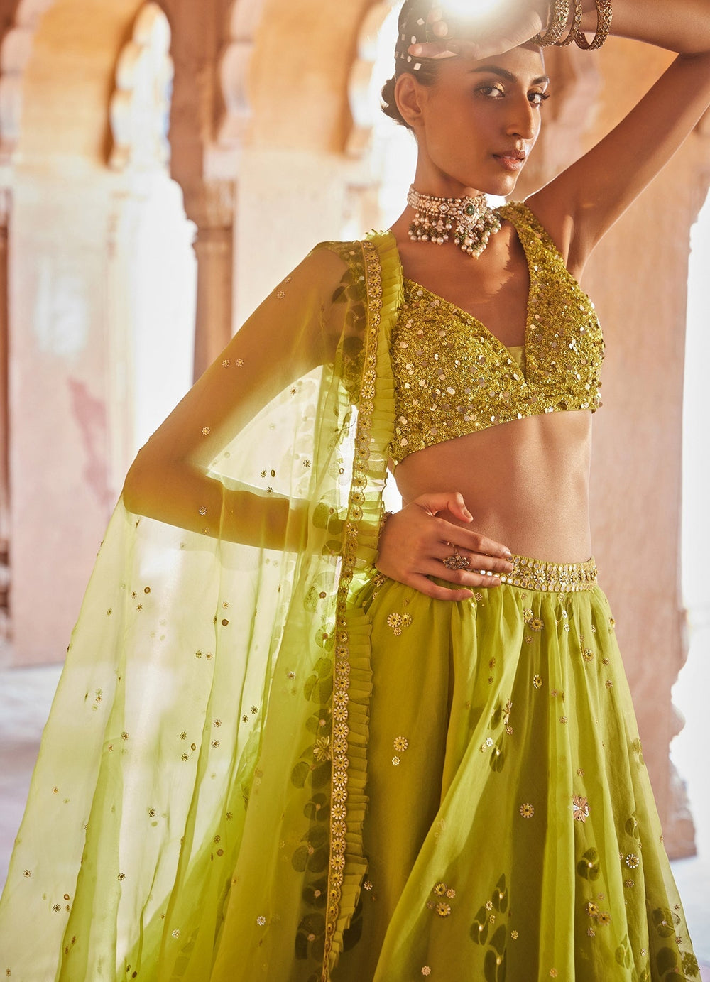 Lime Green Sequinned Organza Lehenga Set With Dupatta Prevasu - Fabilicious Fashion
