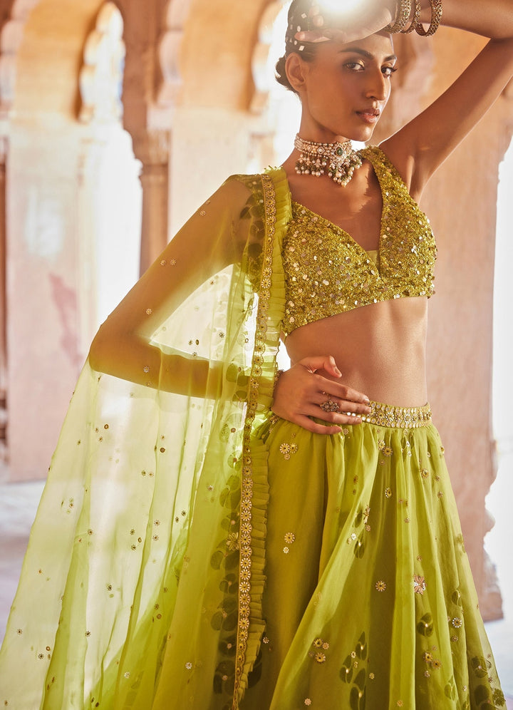 Lime Green Sequinned Organza Lehenga Set With Dupatta Prevasu - Fabilicious Fashion