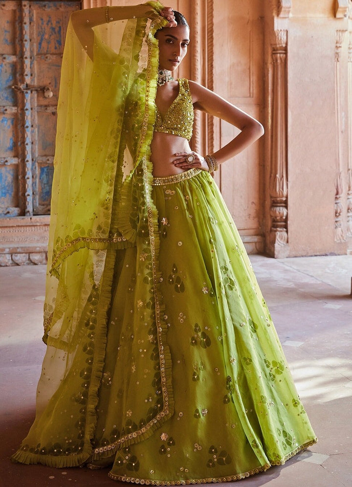 Lime Green Sequinned Organza Lehenga Set With Dupatta Prevasu - Fabilicious Fashion