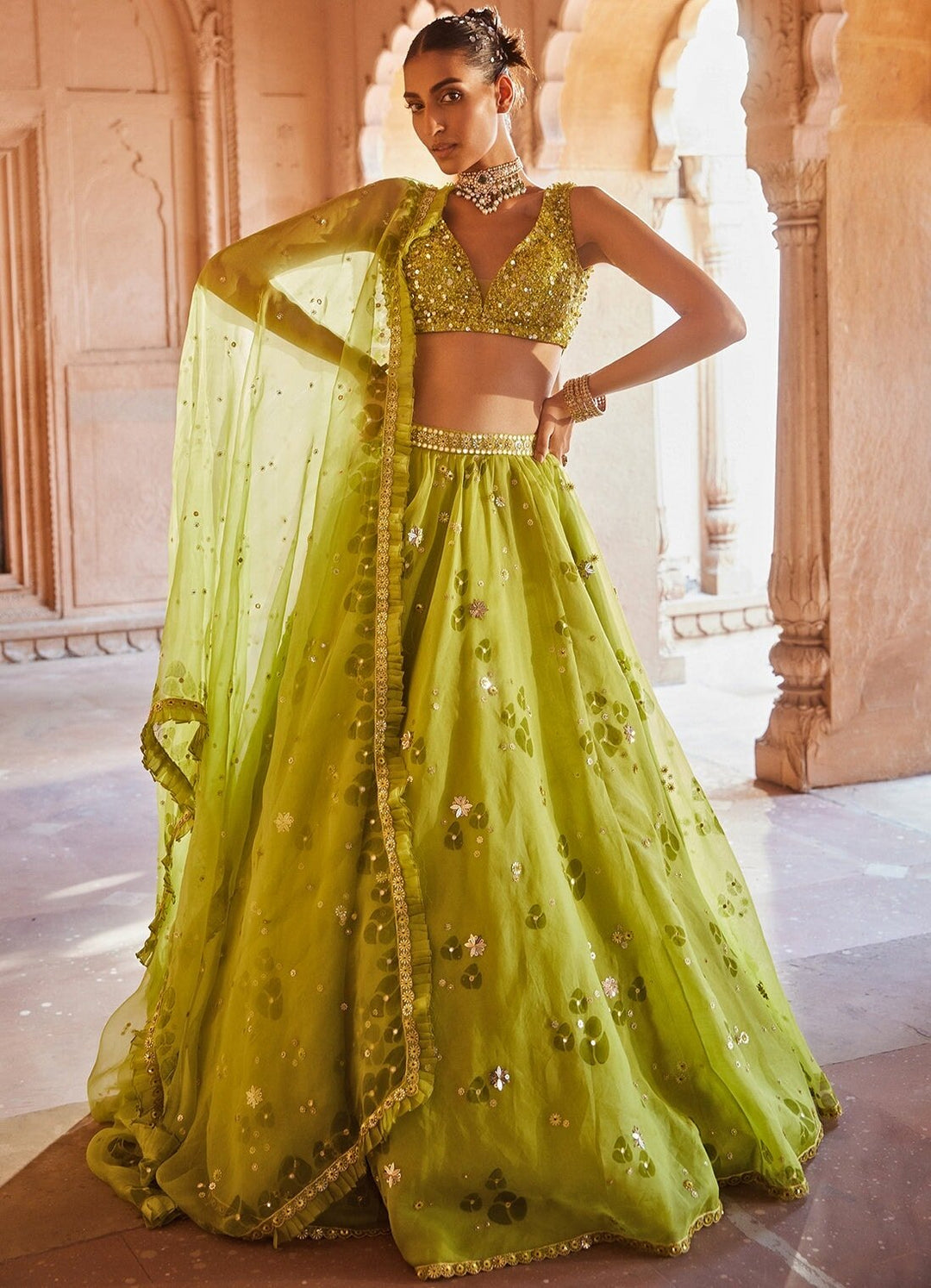 Lime Green Sequinned Organza Lehenga Set With Dupatta Prevasu - Fabilicious Fashion