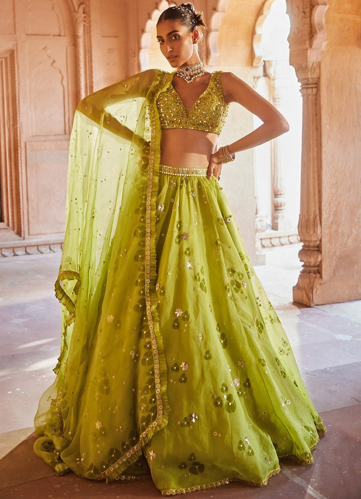Lime Green Sequinned Organza Lehenga Set With Dupatta Prevasu - Fabilicious Fashion