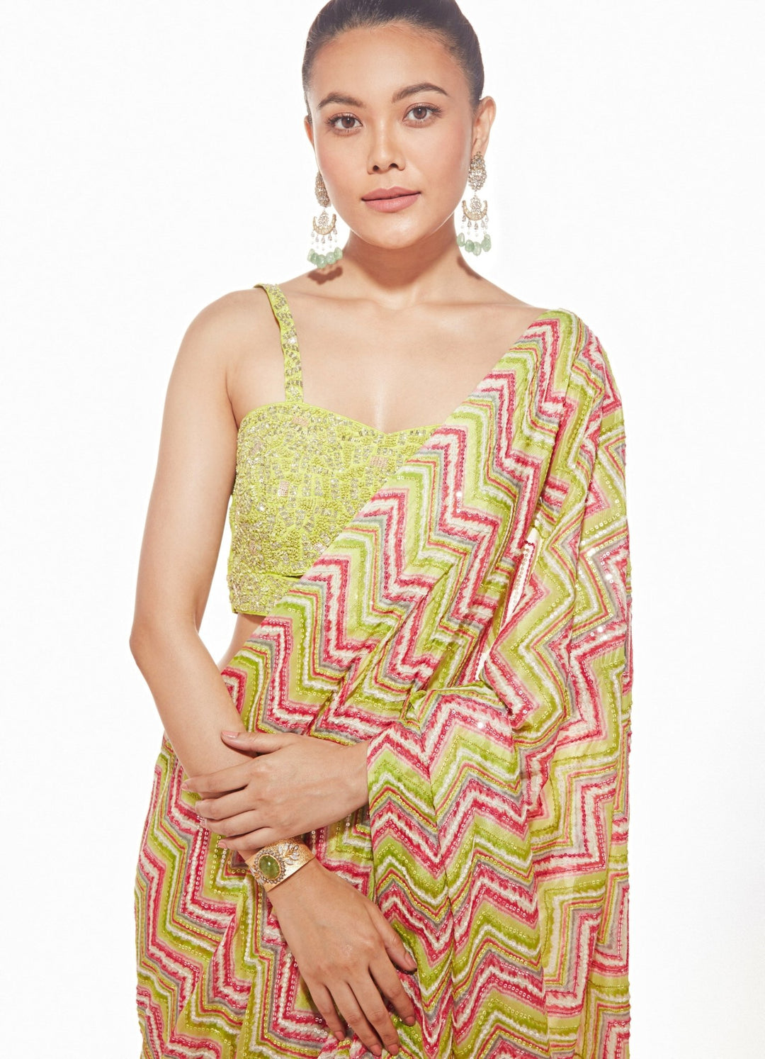 Luca Lime Green Chevron Saree Set Chamee n Palak - Fabilicious Fashion
