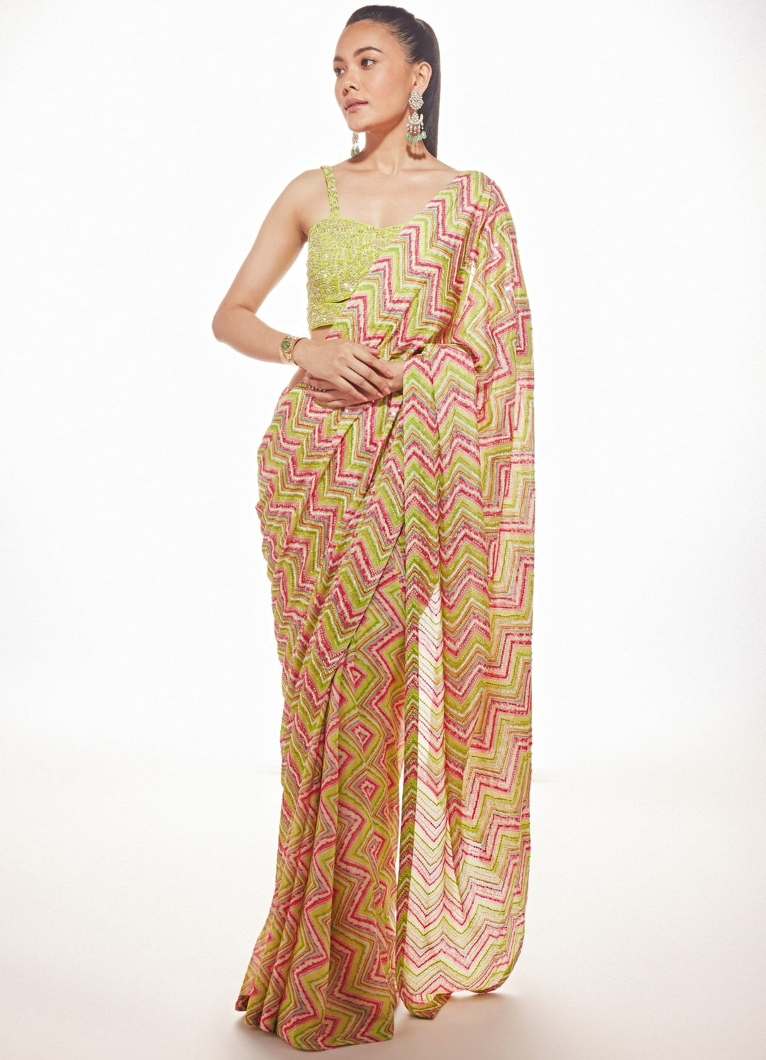 Luca Lime Green Chevron Saree Set Chamee n Palak - Fabilicious Fashion