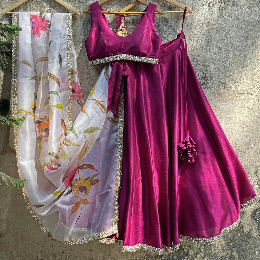 Magenta Pink lehenga With Hand Painted Dupatta Priti Sahni - Fabilicious Fashion