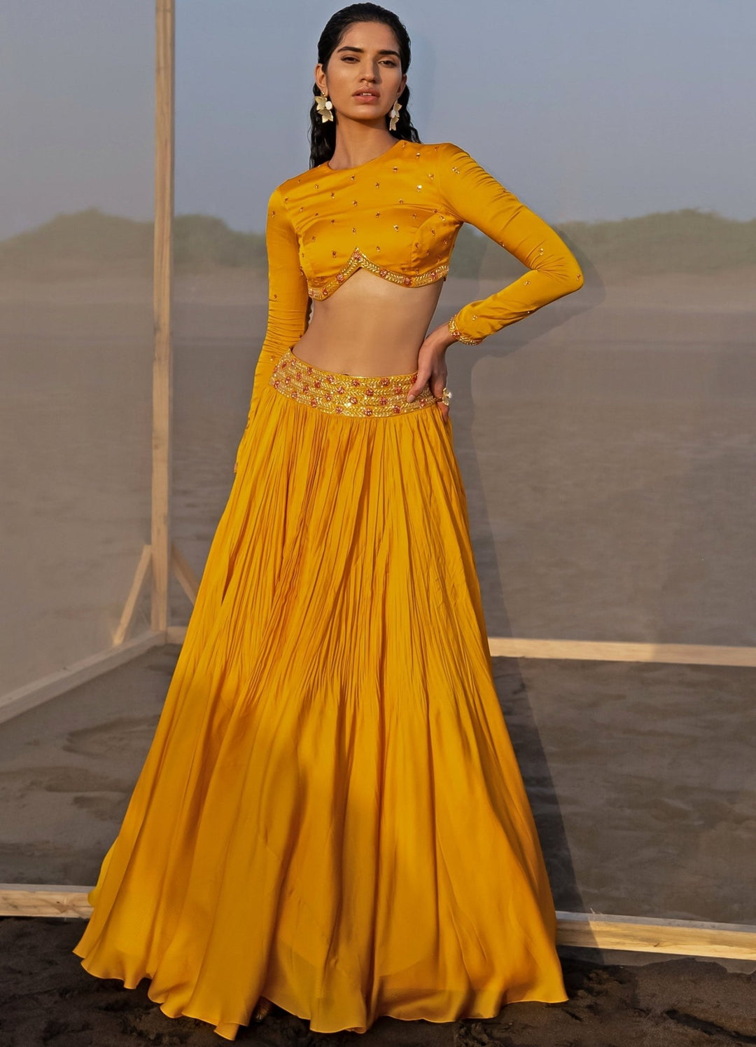 Mango Yellow Bandgala Full Sleeved Blouse With Lehenga Set Ease - Fabilicious Fashion