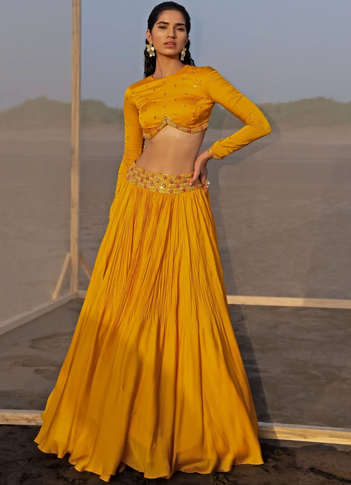 Mango Yellow Bandgala Full Sleeved Blouse With Lehenga Set Ease - Fabilicious Fashion