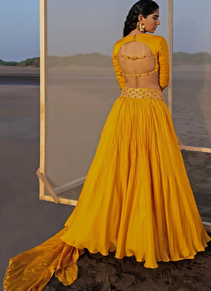 Mango Yellow Bandgala Full Sleeved Blouse With Lehenga Set Ease - Fabilicious Fashion