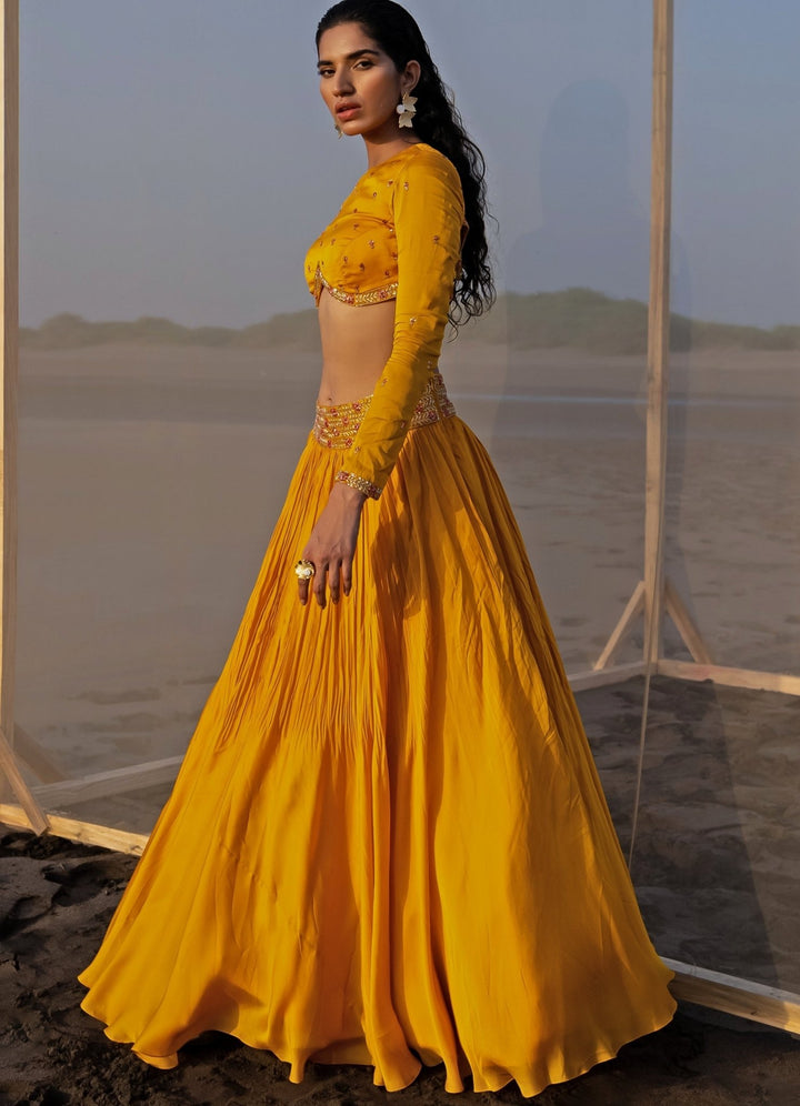 Mango Yellow Bandgala Full Sleeved Blouse With Lehenga Set Ease - Fabilicious Fashion