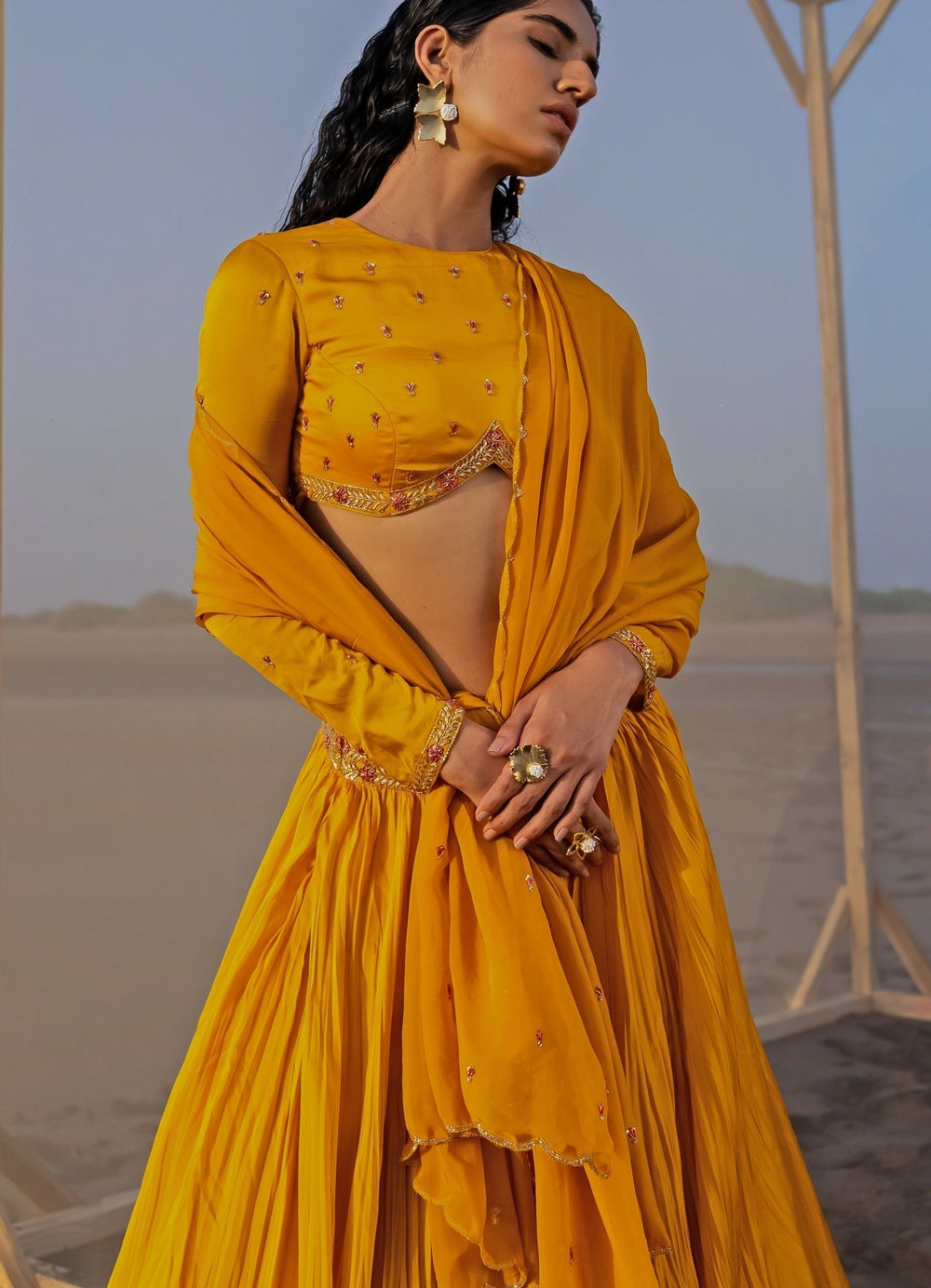 Mango Yellow Bandgala Full Sleeved Blouse With Lehenga Set Ease - Fabilicious Fashion