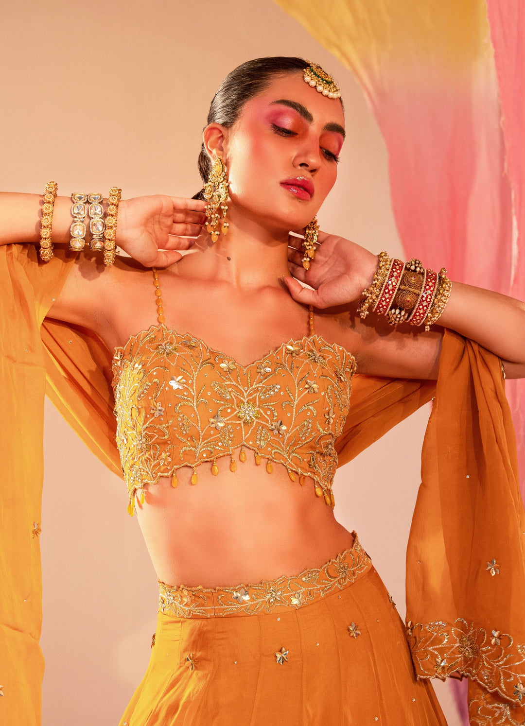 Mango Yellow Embroidered Blouse With Lehenga And Embroidered Dupatta Set Silky Bindra - Fabilicious Fashion
