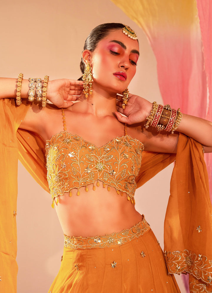 Mango Yellow Embroidered Blouse With Lehenga And Embroidered Dupatta Set Silky Bindra - Fabilicious Fashion