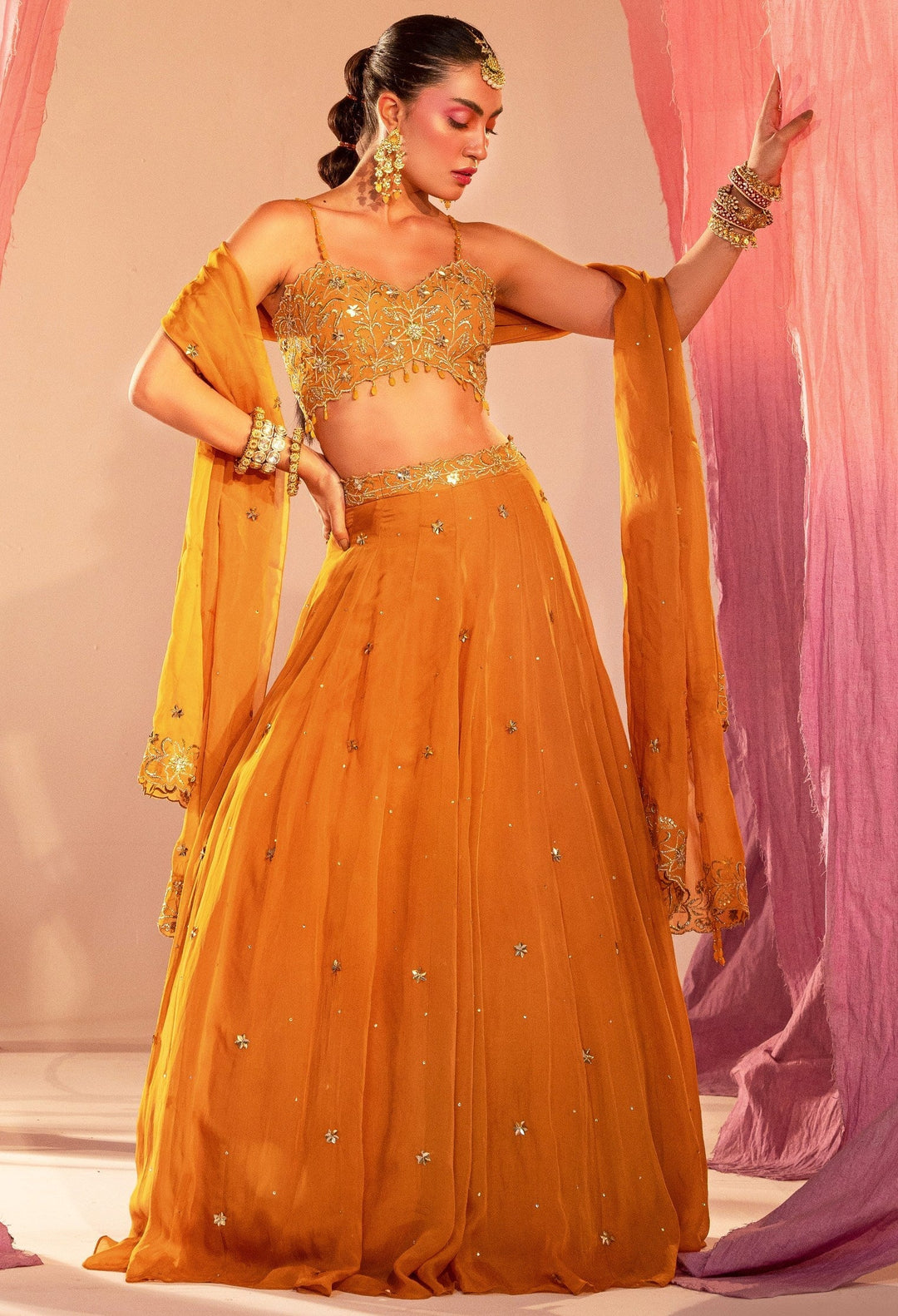 Mango Yellow Embroidered Blouse With Lehenga And Embroidered Dupatta Set Silky Bindra - Fabilicious Fashion