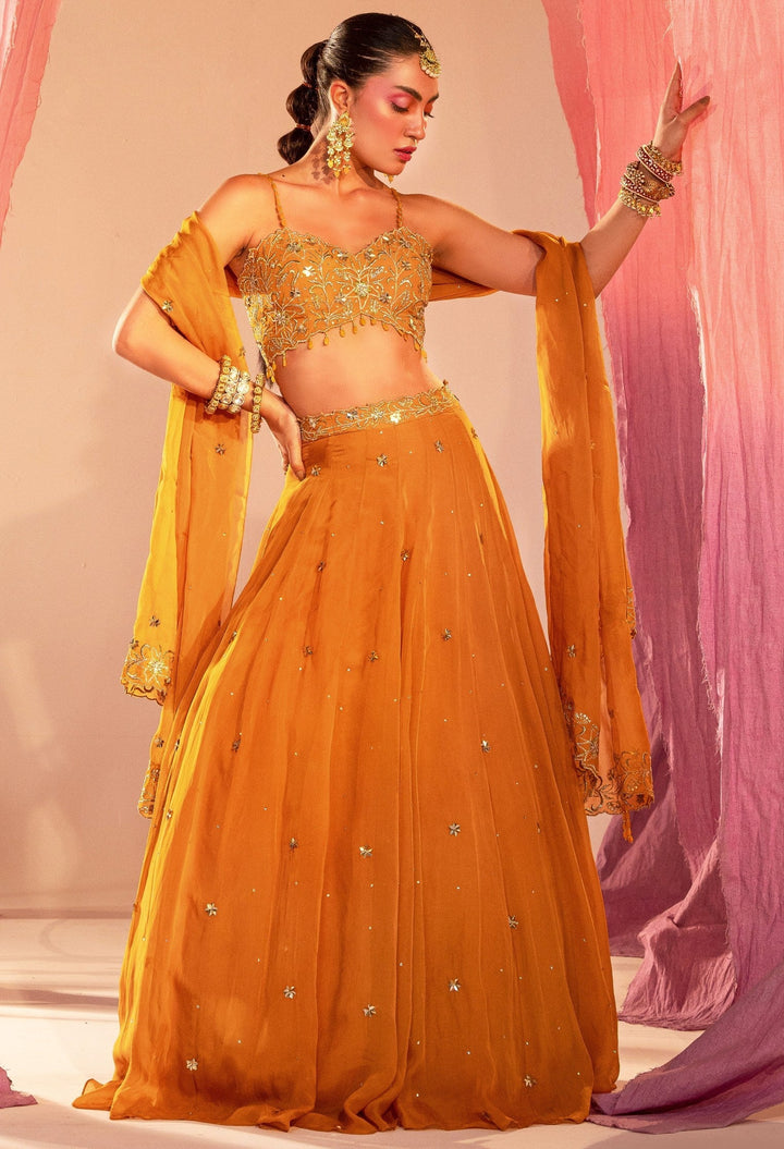 Mango Yellow Embroidered Blouse With Lehenga And Embroidered Dupatta Set Silky Bindra - Fabilicious Fashion