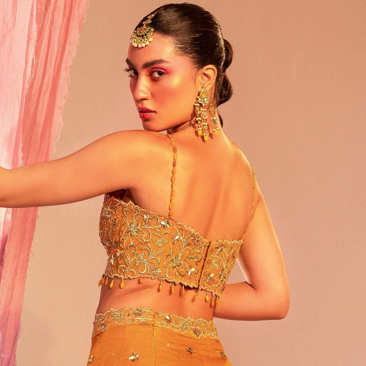 Mango Yellow Embroidered Blouse With Lehenga And Embroidered Dupatta Set Silky Bindra - Fabilicious Fashion