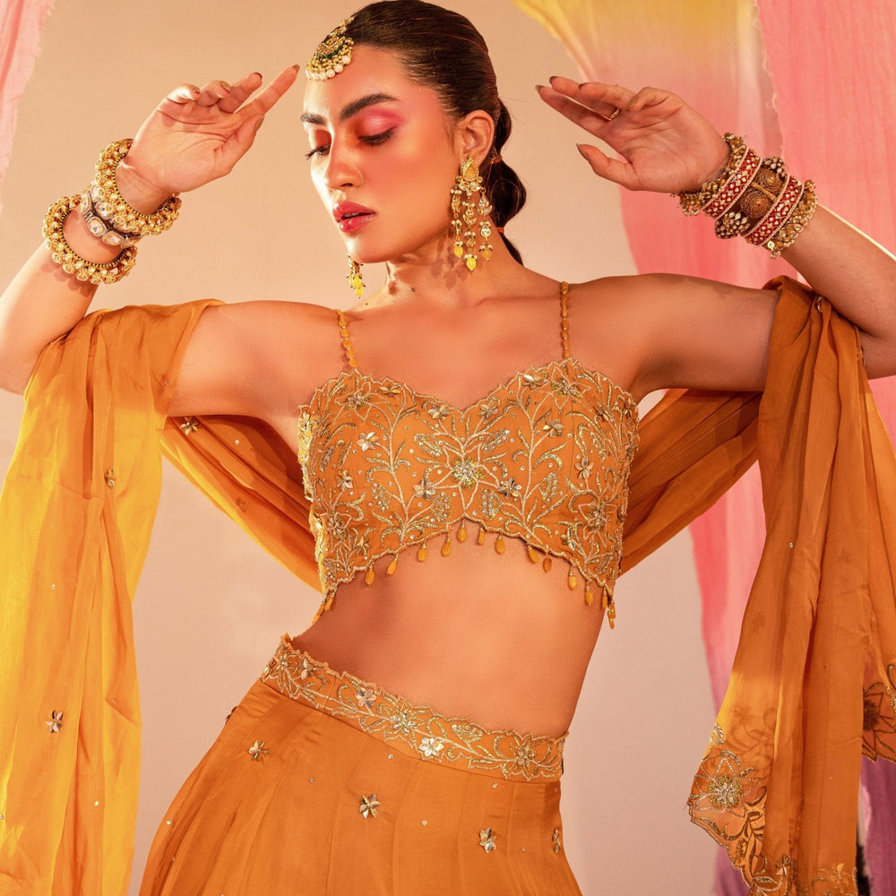 Mango Yellow Embroidered Blouse With Lehenga And Embroidered Dupatta Set Silky Bindra - Fabilicious Fashion