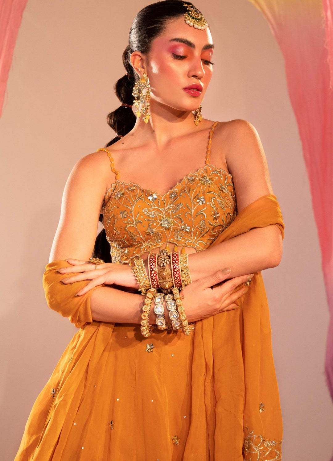 Mango Yellow Embroidered Blouse With Lehenga And Embroidered Dupatta Set Silky Bindra - Fabilicious Fashion