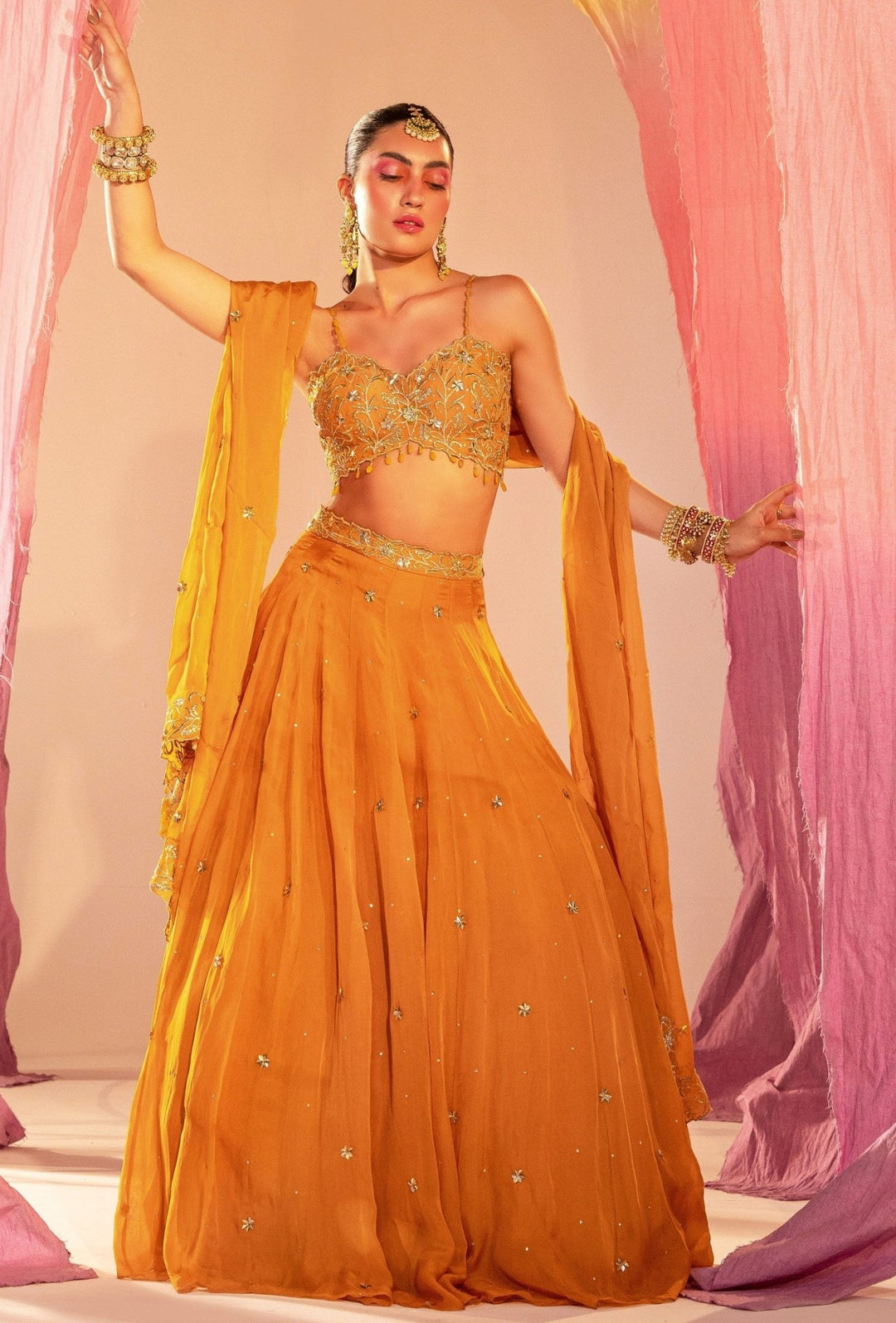 Mango Yellow Embroidered Blouse With Lehenga And Embroidered Dupatta Set Silky Bindra - Fabilicious Fashion