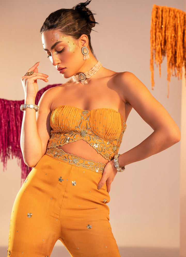Mango Yellow Embroidered Corset With Gharara Set Silky Bindra - Fabilicious Fashion
