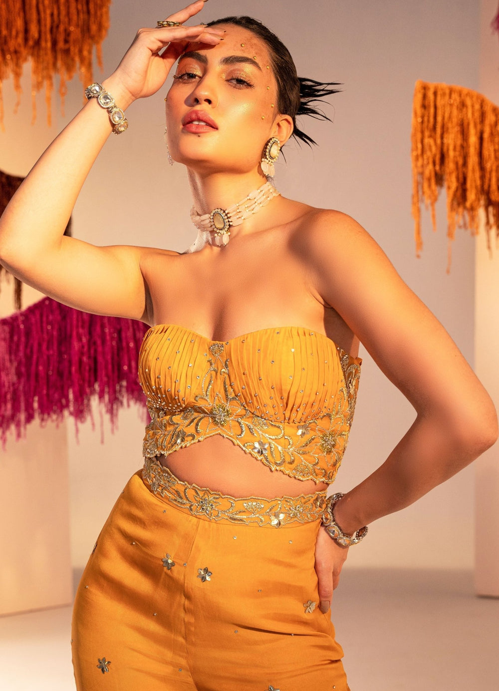 Mango Yellow Embroidered Corset With Gharara Set Silky Bindra - Fabilicious Fashion