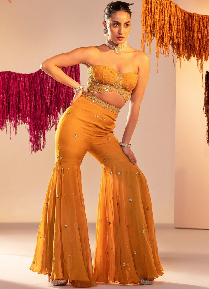 Mango Yellow Embroidered Corset With Gharara Set Silky Bindra - Fabilicious Fashion