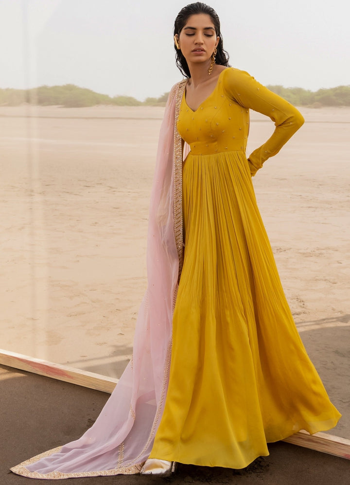 Mango Yellow Kalidar Anarkali With Baby Pink Border Line Dupatta Ease - Fabilicious Fashion