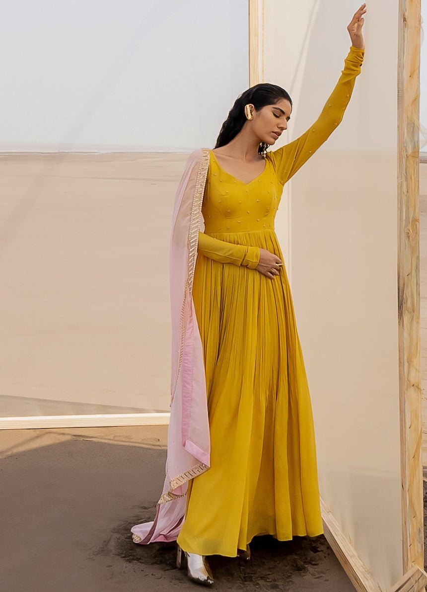Mango Yellow Kalidar Anarkali With Baby Pink Border Line Dupatta Ease - Fabilicious Fashion